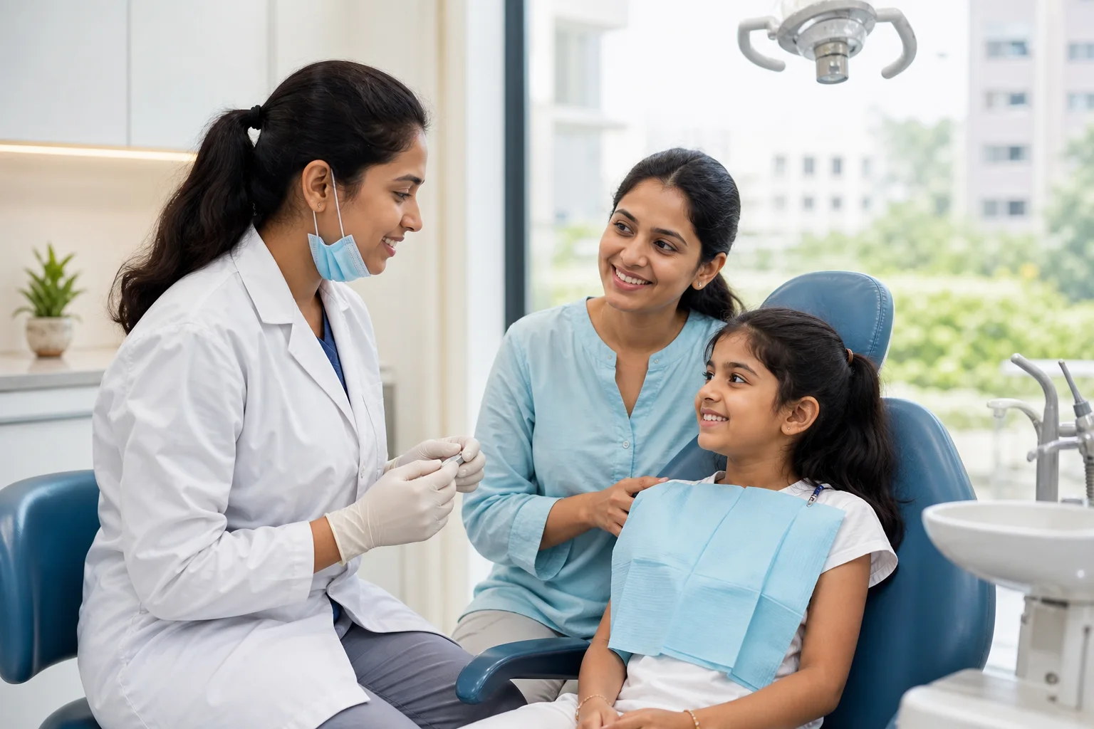Indian dentist reassuring a mother and child before a dental check-up